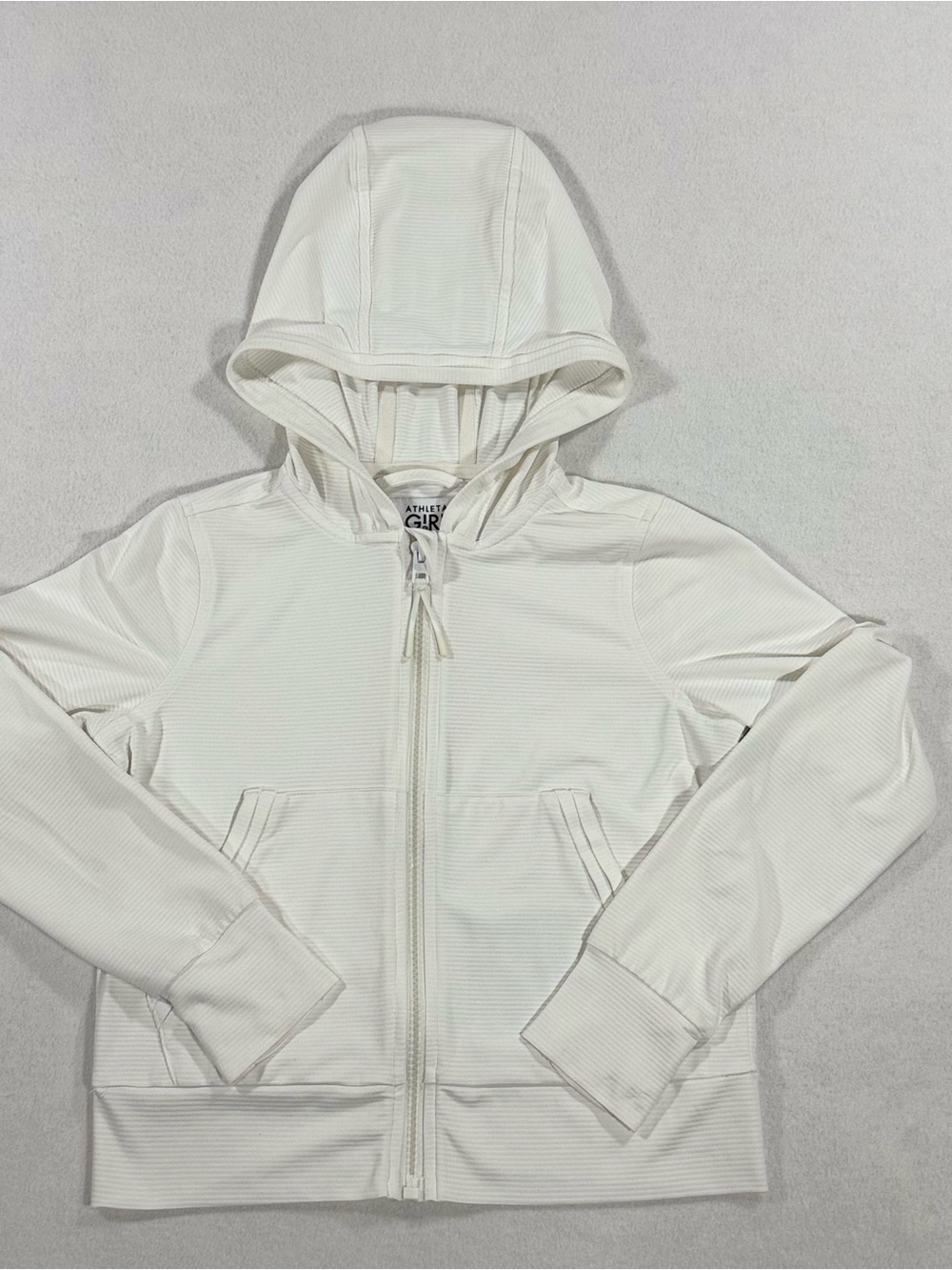 Athleta Girl White Zip Hoodie Performance Fabric Monochromatic Stripe Size XS/6